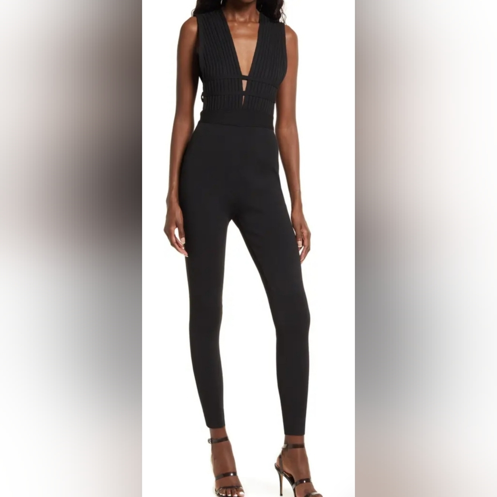 Bebe, Plunge Neck Catsuit, XXS, Black